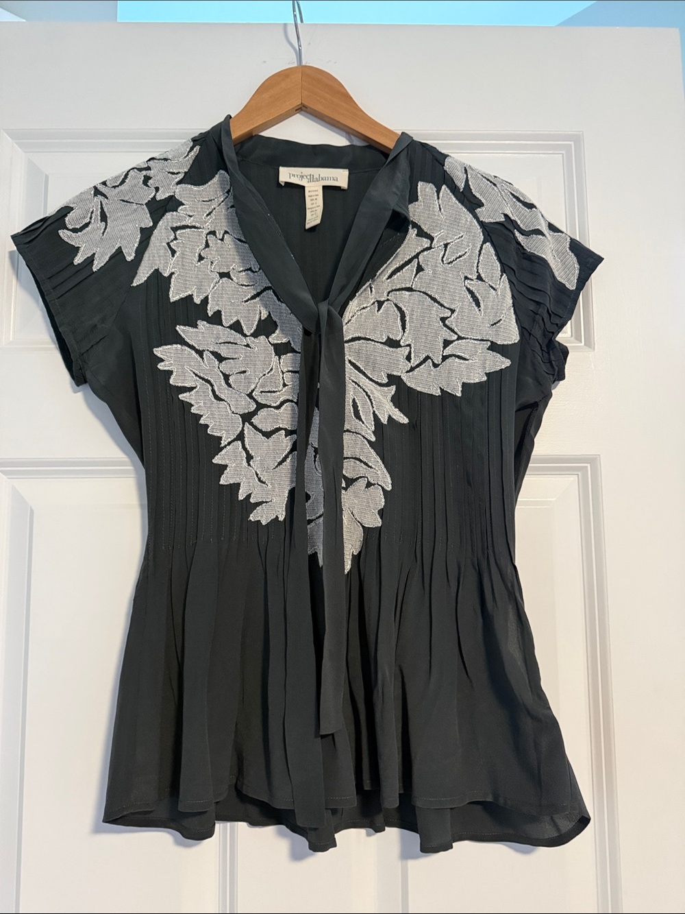 Black Embroidered Tie-Neck Blouse